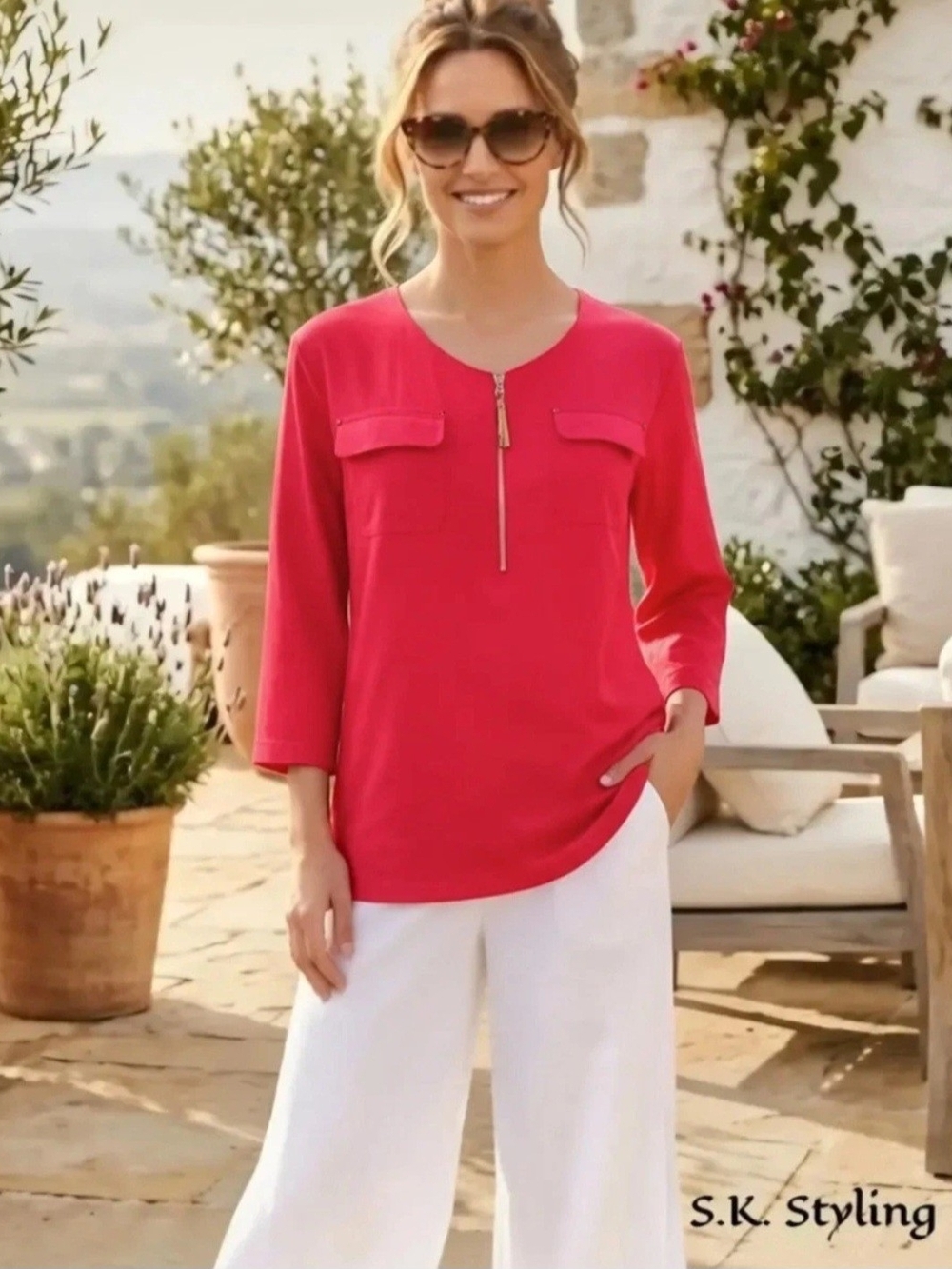 Ellen Tracy Hi-Low Tunic Top 100% Linen Tasseled Zipper 3/4 Roll Tab Sleeve M/L